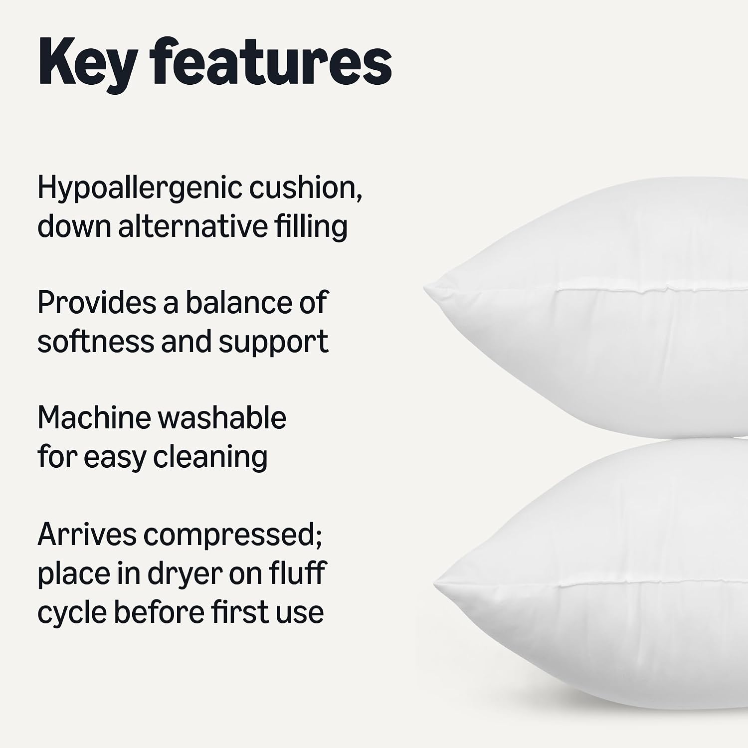 Square Hypoallergenic Down Alternative Pillow Insert, Machine Washable, Softness and Support, 20 inch, 2-Pack