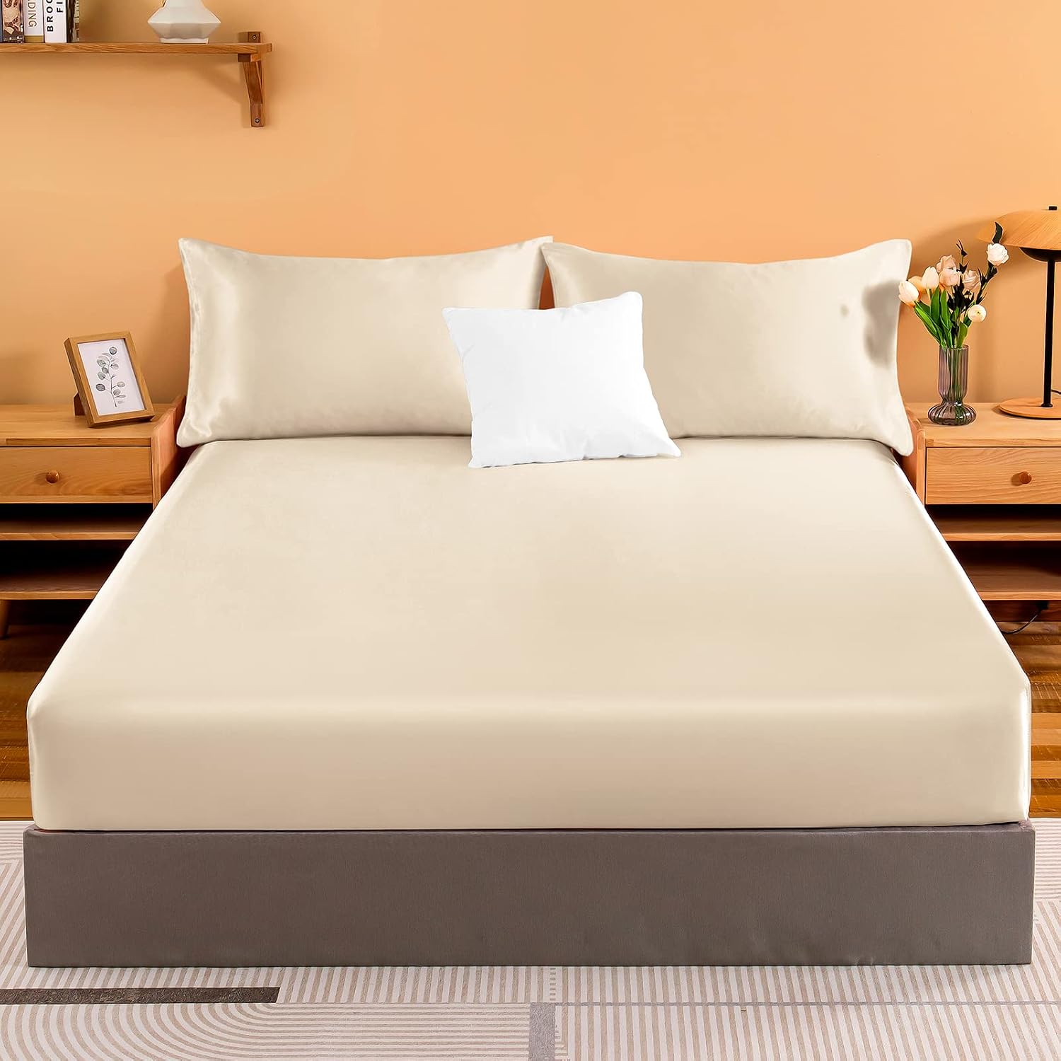 Light Khaki Queen Satin Deep Pocket Fitted Sheet