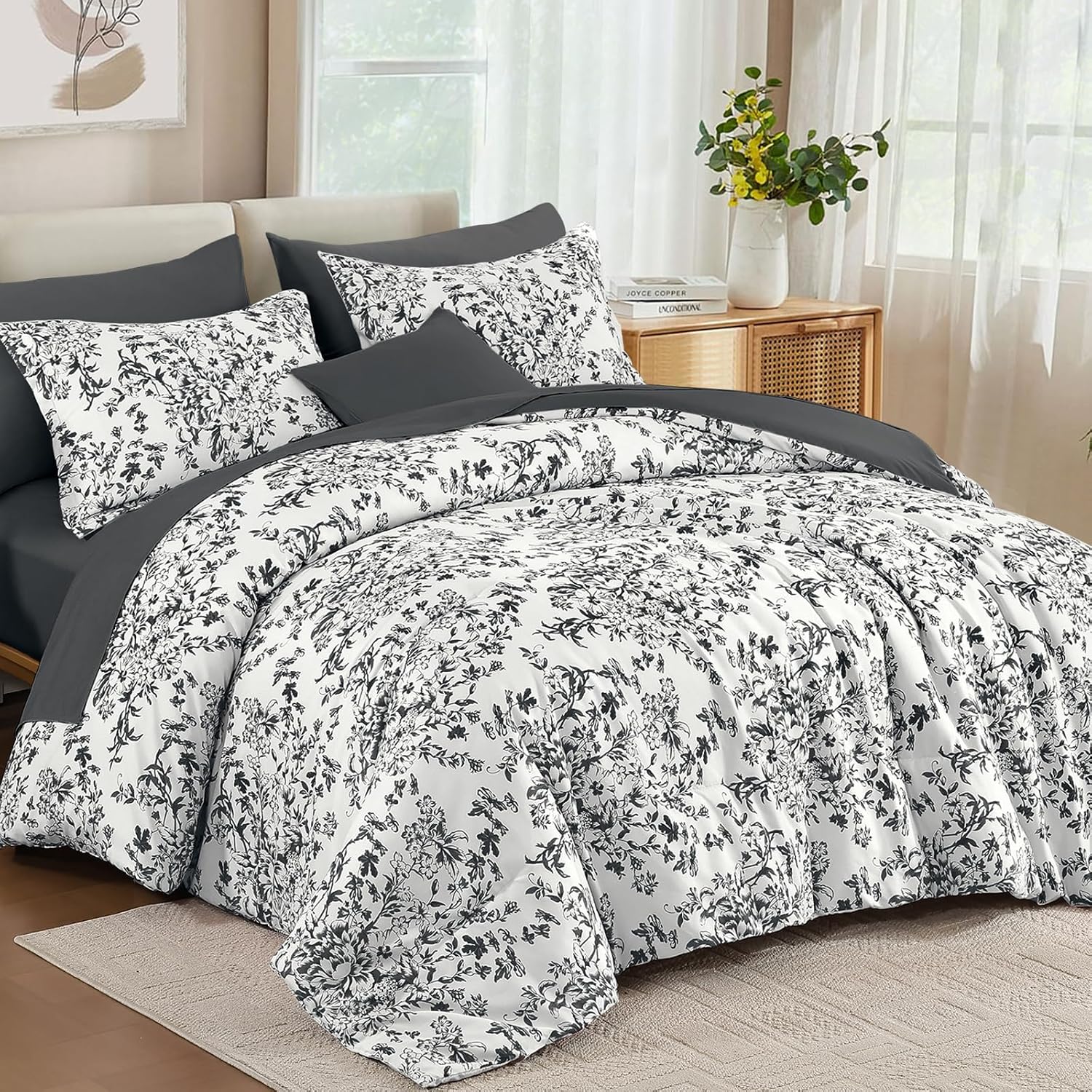Black And Grey Botanical Floral Print 4-Piece Set; Soft, Fluffy, Comfortable, And Breathable