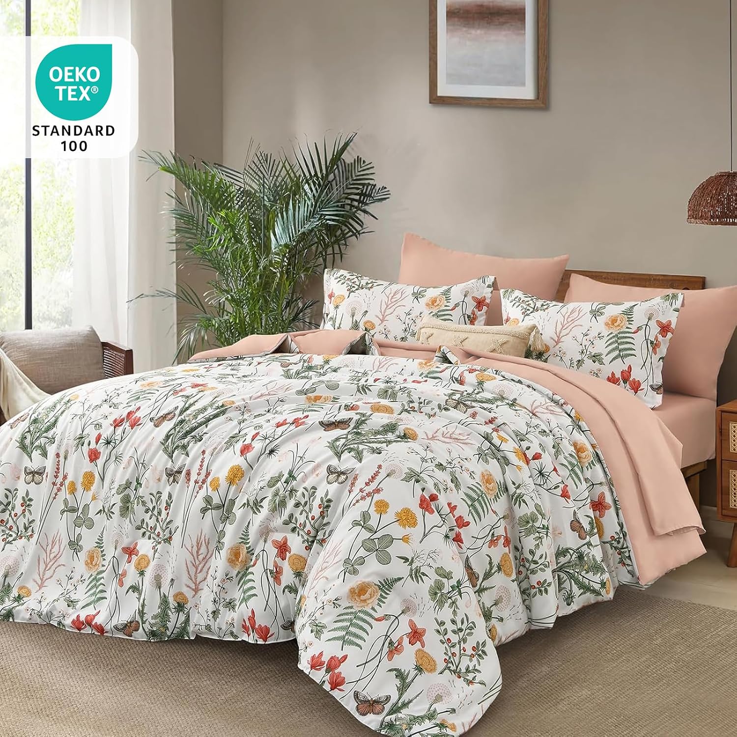 Pink And Green Botanical Floral Print 4-Piece Set; Soft, Comfortable, Breathable, And Lightweight