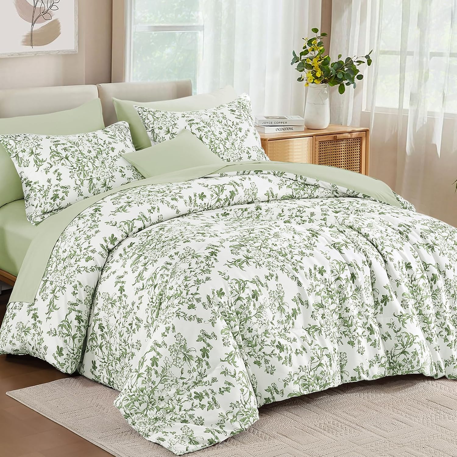 Sage Green Floral Print 4-Piece Set; Soft, Breathable, And Comfortable