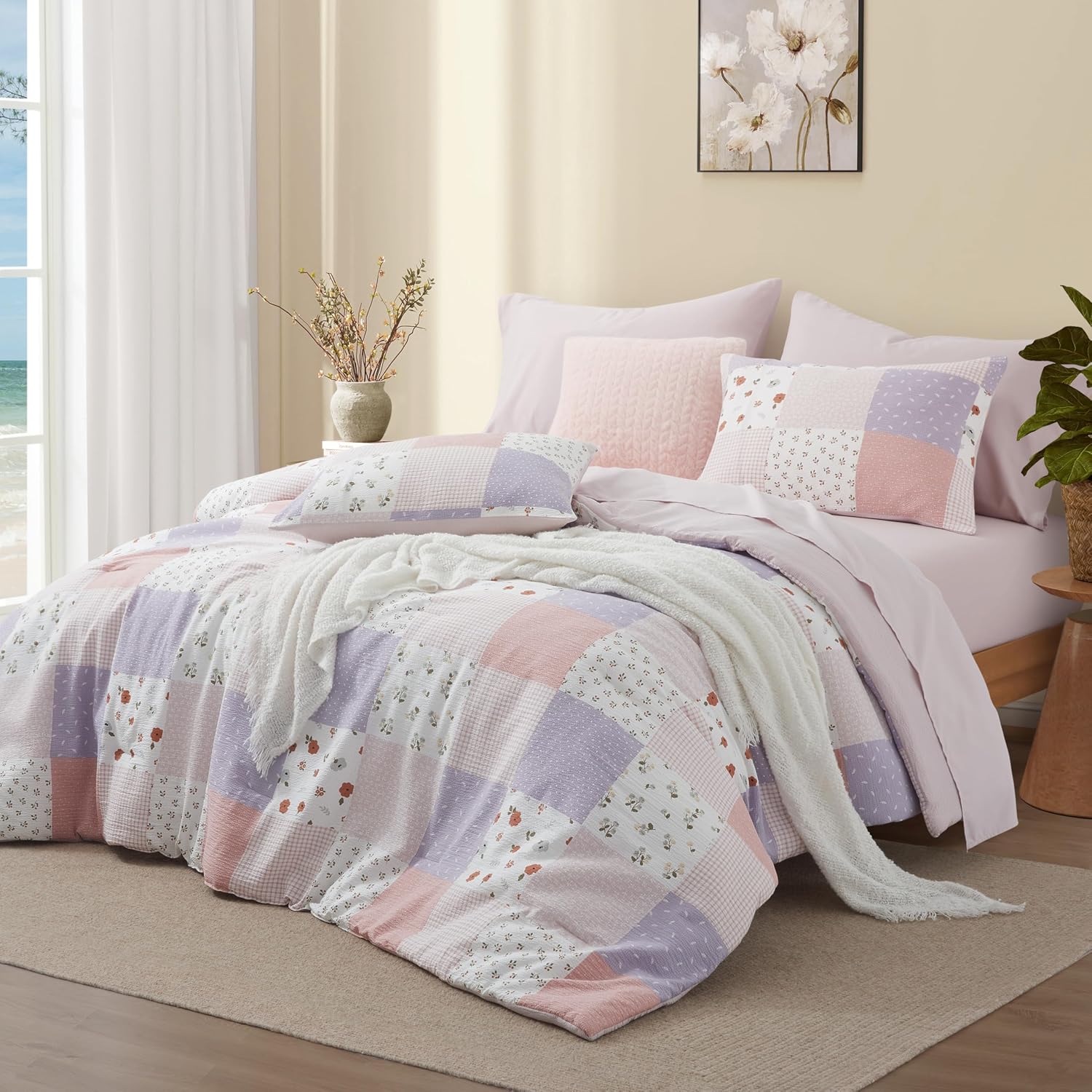Misty Pink Seersucker Floral Print 4-Piece Set; Soft, Comfortable, And Breathable