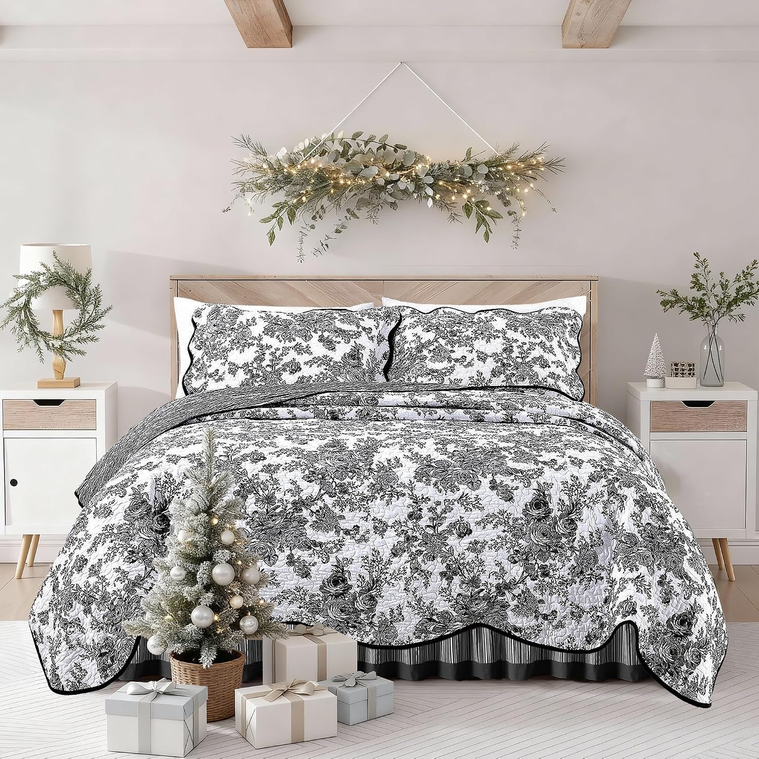 Black Floral Quilted Print 4-Piece Set; Lightweight, Soft, Comfortable, And Breathable