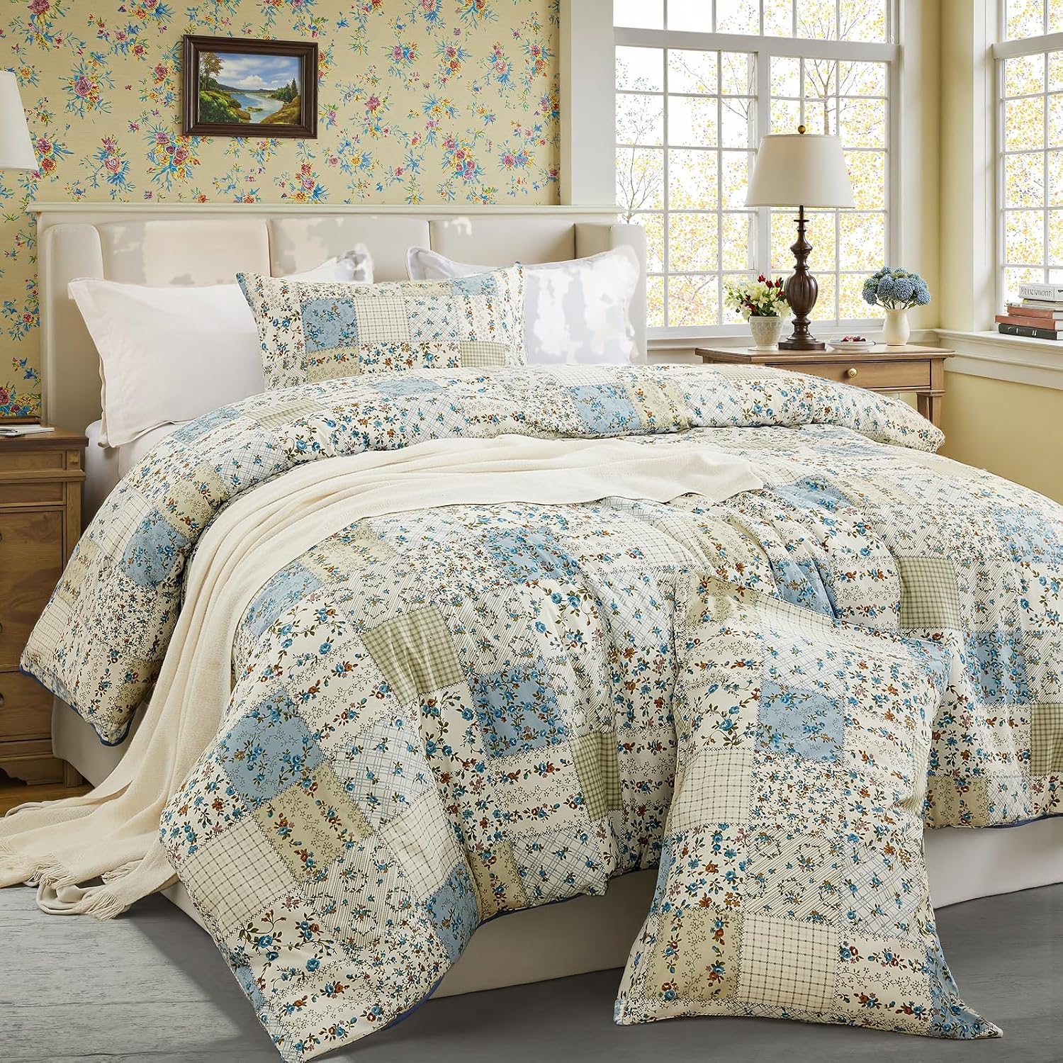 Blue Plant Pattern Pure Cotton Duvet Cover Set (3-Piece)